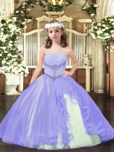 Great Lavender Lace Up Little Girls Pageant Dress Beading Sleeveless Floor Length