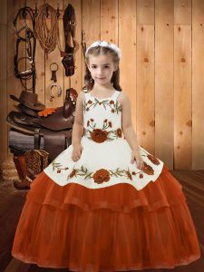 Trendy Floor Length Lace Up Little Girl Pageant Dress Rust Red for Sweet 16 and Quinceanera with Embroidery and Ruffled Layers