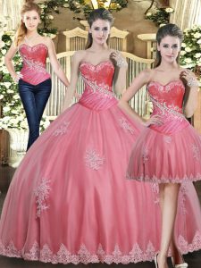 Floor Length Lace Up Sweet 16 Quinceanera Dress Rose Pink for Military Ball and Sweet 16 and Quinceanera with Beading and Appliques