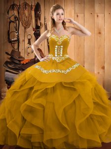 Glittering Sweetheart Sleeveless Lace Up Sweet 16 Dresses Gold Organza