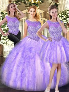 Ball Gowns Quinceanera Dresses Lilac Scoop Tulle Sleeveless Floor Length Zipper