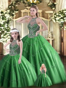 New Style Halter Top Sleeveless Quinceanera Gown Floor Length Beading Dark Green Tulle