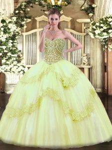 Gorgeous Yellow Green Ball Gowns Beading and Appliques Ball Gown Prom Dress Lace Up Tulle Sleeveless Floor Length