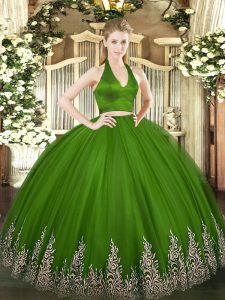 Romantic Tulle Halter Top Sleeveless Zipper Appliques Sweet 16 Quinceanera Dress in Olive Green