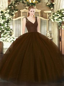 Perfect Brown Sleeveless Floor Length Beading Zipper Quinceanera Dress