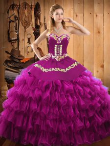 Delicate Embroidery and Ruffled Layers Ball Gown Prom Dress Fuchsia Lace Up Sleeveless Floor Length