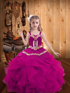 Admirable Floor Length Fuchsia Pageant Gowns Straps Sleeveless Lace Up