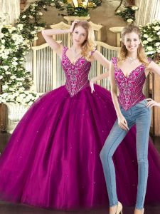 Extravagant Sleeveless Floor Length Beading Lace Up Sweet 16 Dresses with Fuchsia