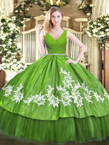 Custom Fit Sleeveless Floor Length Beading and Appliques Zipper Quinceanera Gowns with Olive Green