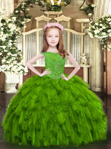 Trendy Green Sleeveless Floor Length Beading and Ruffles Zipper Custom Made Pageant Dress