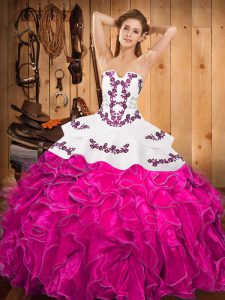 Satin and Organza Strapless Sleeveless Lace Up Embroidery and Ruffles Sweet 16 Dress in Fuchsia