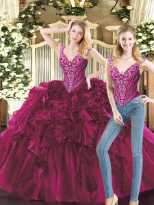 Luxury V-neck Sleeveless Lace Up Quince Ball Gowns Fuchsia Organza