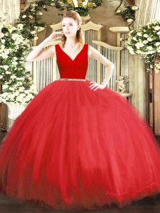 Red Ball Gowns V-neck Sleeveless Tulle Floor Length Zipper Beading Quince Ball Gowns