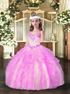 Sweet Lilac Sleeveless Floor Length Beading and Ruffles Lace Up Winning Pageant Gowns