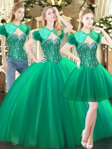 Green Ball Gowns Beading 15th Birthday Dress Lace Up Tulle Sleeveless Floor Length