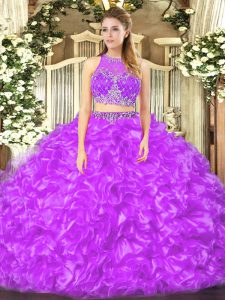 Colorful Lilac Ball Gowns Beading and Ruffles Ball Gown Prom Dress Zipper Organza Sleeveless Floor Length