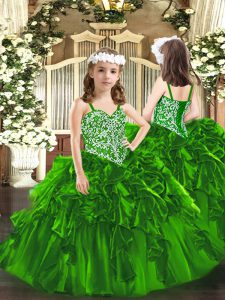 Enchanting Sleeveless Floor Length Beading and Ruffles Lace Up Pageant Dress for Teens with Green