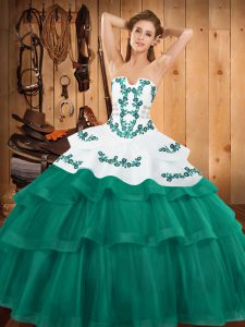 Fancy Embroidery and Ruffled Layers Vestidos de Quinceanera Turquoise Lace Up Sleeveless Sweep Train