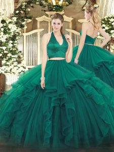 Inexpensive Dark Green Quinceanera Dress Military Ball and Sweet 16 and Quinceanera with Ruffles Halter Top Sleeveless Zipper