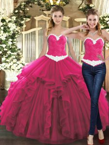 Fuchsia Lace Up Sweetheart Ruffles 15th Birthday Dress Tulle Sleeveless