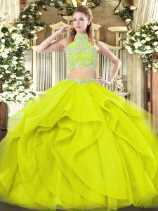 Sophisticated Sleeveless Tulle Floor Length Backless Quinceanera Dress in Yellow Green with Beading and Ruffles