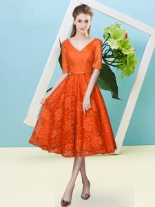 Nice Half Sleeves Lace Tea Length Lace Up Damas Dress in Orange Red with Bowknot