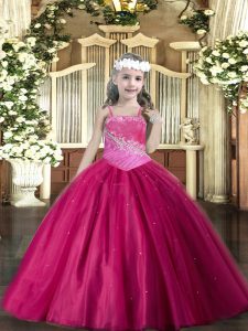 Sleeveless Floor Length Beading Lace Up Pageant Dress for Womens with Fuchsia