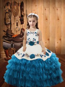 Fashionable Teal Lace Up Pageant Dress for Girls Embroidery and Ruffled Layers Sleeveless Floor Length