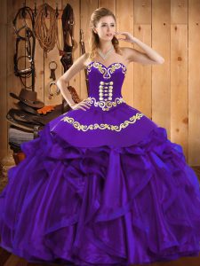 Fancy Purple Organza Lace Up Sweetheart Sleeveless Floor Length Vestidos de Quinceanera Embroidery and Ruffles