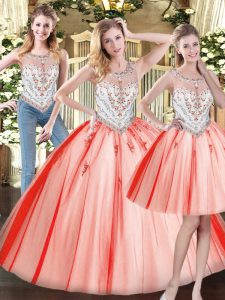 Red Sleeveless Floor Length Beading Zipper Sweet 16 Dresses