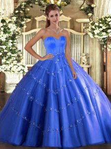 Modern Blue Sleeveless Floor Length Beading and Appliques Lace Up Ball Gown Prom Dress