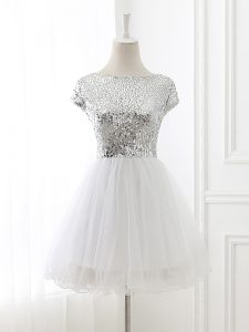 Tulle Scoop Cap Sleeves Zipper Sequins Vestidos de Damas in White