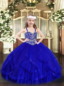 Royal Blue Ball Gowns Beading and Ruffles Pageant Dress Lace Up Tulle Sleeveless Floor Length