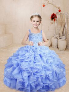 High Class Lavender Ball Gowns Organza Straps Sleeveless Beading and Ruffles Floor Length Lace Up High School Pageant Dress