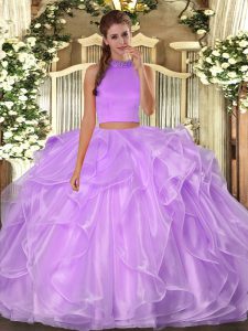 Hot Selling Lilac Organza Backless Halter Top Sleeveless Floor Length Quinceanera Gown Beading and Ruffles