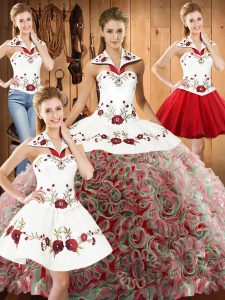 Suitable Multi-color Fabric With Rolling Flowers Lace Up Sweet 16 Dresses Sleeveless Sweep Train Embroidery