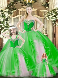 Most Popular Sleeveless Organza Floor Length Lace Up Quinceanera Dresses in Green with Beading and Ruffles