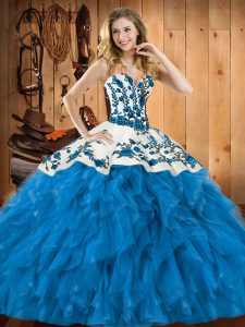 Adorable Teal Tulle Lace Up Sweet 16 Quinceanera Dress Sleeveless Floor Length Embroidery and Ruffles