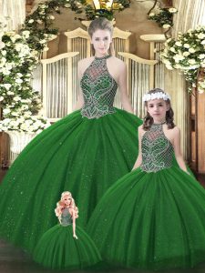 Dark Green Tulle Lace Up 15th Birthday Dress Sleeveless Floor Length Beading