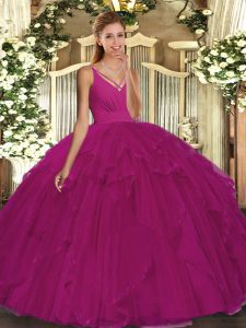 Fuchsia Organza Backless V-neck Sleeveless Floor Length 15 Quinceanera Dress Ruffles