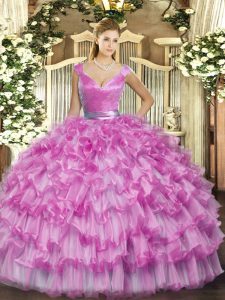 Lilac Ball Gowns Organza V-neck Sleeveless Ruffled Layers Floor Length Zipper Quince Ball Gowns