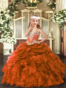 Customized Rust Red Sleeveless Beading and Ruffles and Pick Ups Floor Length Custom Made Pageant Dress