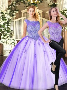 Lavender Two Pieces Scoop Sleeveless Tulle Floor Length Zipper Beading 15th Birthday Dress