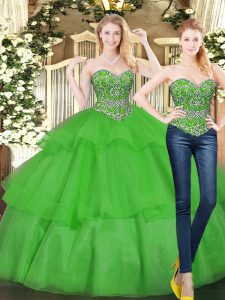 Captivating Green Lace Up Sweetheart Beading and Ruffled Layers Ball Gown Prom Dress Organza Sleeveless