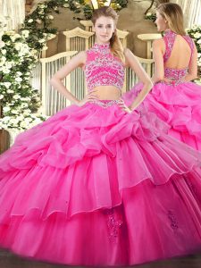 Modest Hot Pink Backless Vestidos de Quinceanera Beading and Ruffles and Pick Ups Sleeveless Floor Length