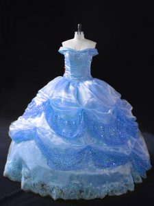 Chic Blue Ball Gowns Beading and Appliques Quinceanera Gown Lace Up Organza Sleeveless Floor Length