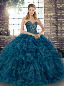 Beading and Ruffles 15 Quinceanera Dress Teal Lace Up Sleeveless Floor Length