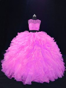 Hot Selling Two Pieces Sweet 16 Quinceanera Dress Pink Scoop Organza Sleeveless Floor Length Zipper