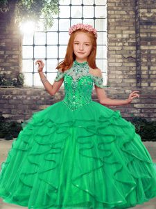 Turquoise Ball Gowns High-neck Sleeveless Tulle Floor Length Lace Up Beading and Ruffles Child Pageant Dress