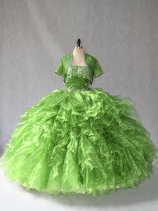 Green Sleeveless Floor Length Beading and Ruffles Lace Up Sweet 16 Quinceanera Dress